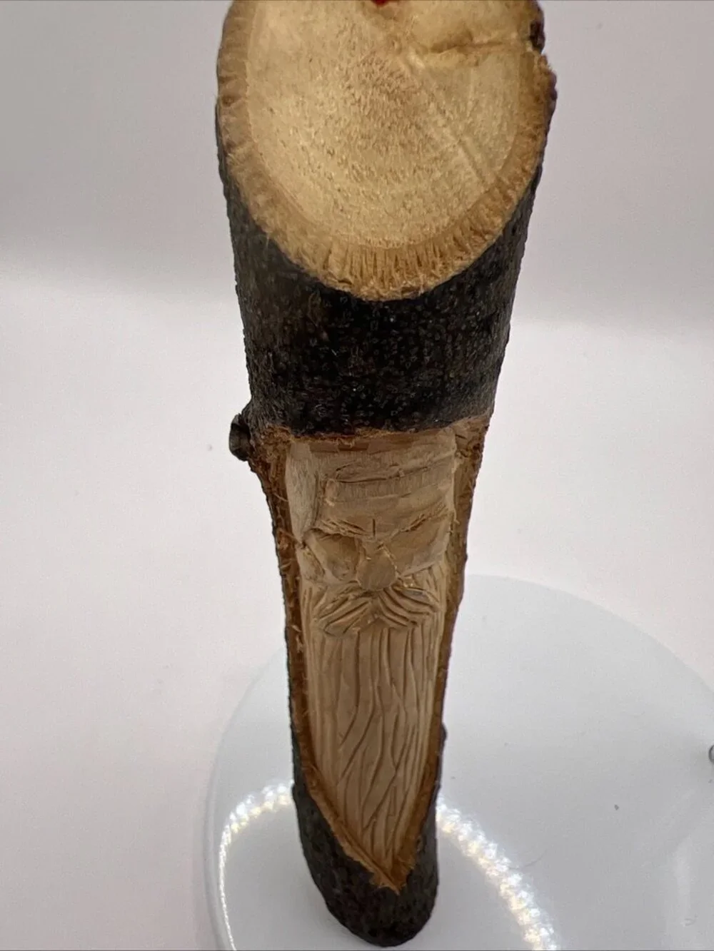 Vtg 1991 Hand Carved Santa Face in Wood Log Ornament 6